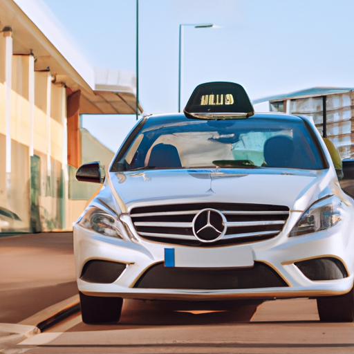 Un taxi haut de gamme stationné devant la gare TGV de Massy-Palaiseau, chauffeur ouvrant la porte pour un passager d'affaires avec valise
