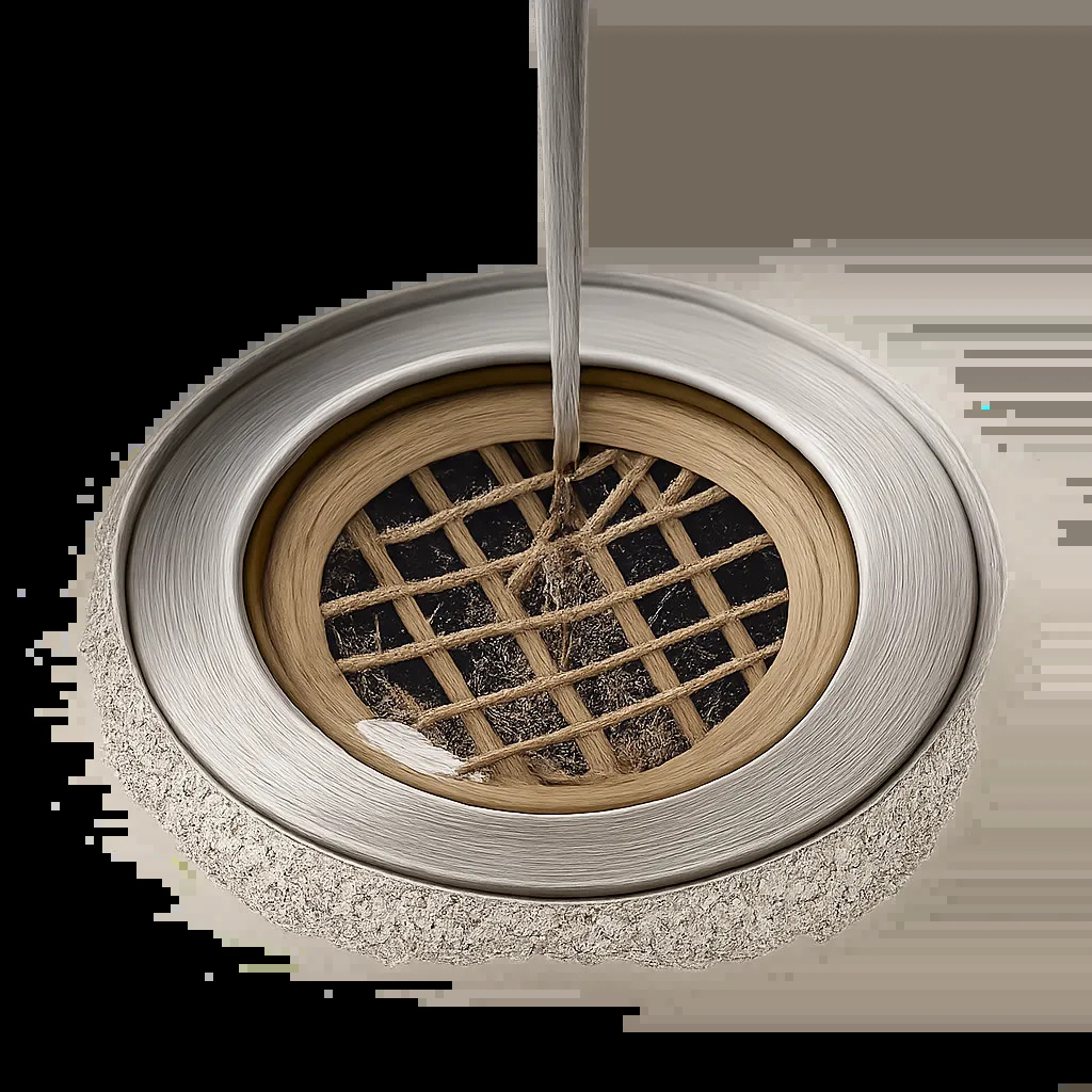 Illustration d’un filtre anti-calcaire de grille en situation dans une douche ou un évier, montrant la réduction des dépôts et le maintien d’un bon écoulement. L’image met en avant une solution discrète, propre et durable pour l’entretien quotidien.