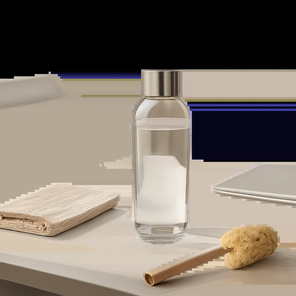 Mise en scène d’une gourde en verre propre et élégante, pensée pour un usage quotidien à la maison ou au bureau. L’image évoque la pureté, l’hygiène et la simplicité d’entretien.