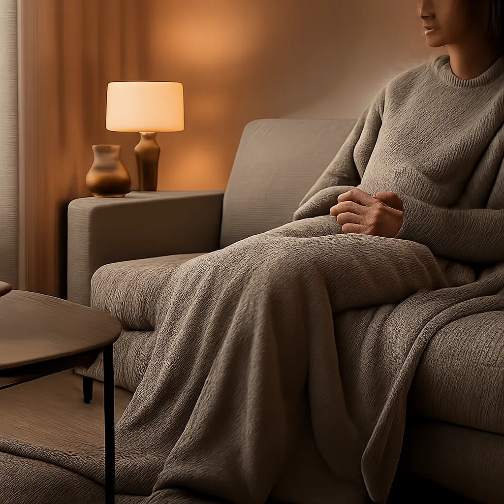 Visuel premium montrant un plaid chauffant dans un intérieur chaleureux et apaisant. L’image évoque le confort immédiat, la détente et la chaleur maîtrisée au repos.